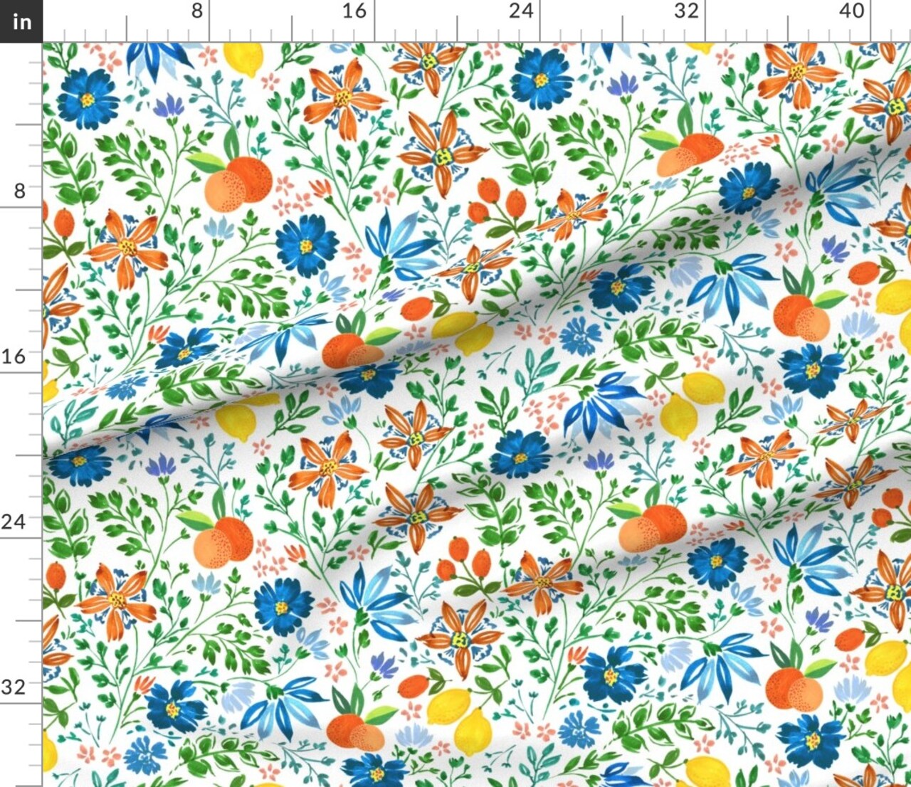 Botanical White Green Blue Lemons Oranges Custom Printed Fabric by Spoonflower Various Fabrics by the Yard or Fat Quarter